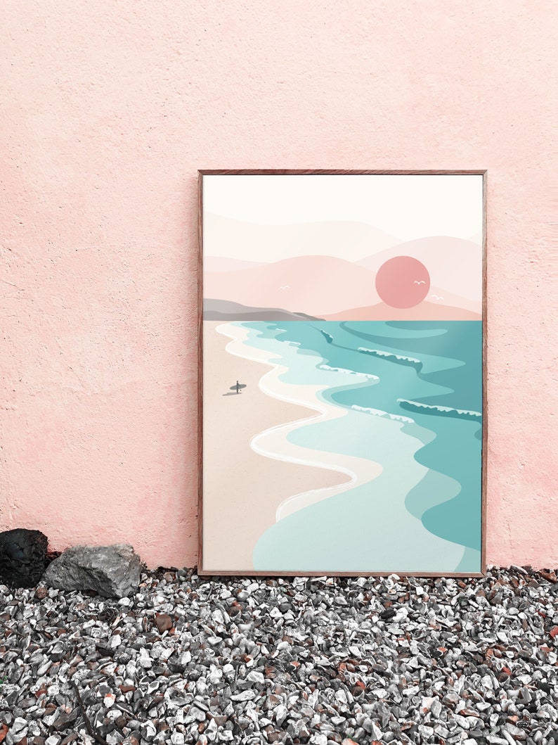 Sunset Surf Print, Sea, Surfer, Surfboard, Surfer Girl, Beach, Boho Art Print, Summer, Ocean, Waves, Wall Art, Cornwall, California, Coastal image 3