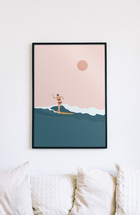 Surfer Surfing Girl Cornwall Longboard Waves Sunset Art | Etsy