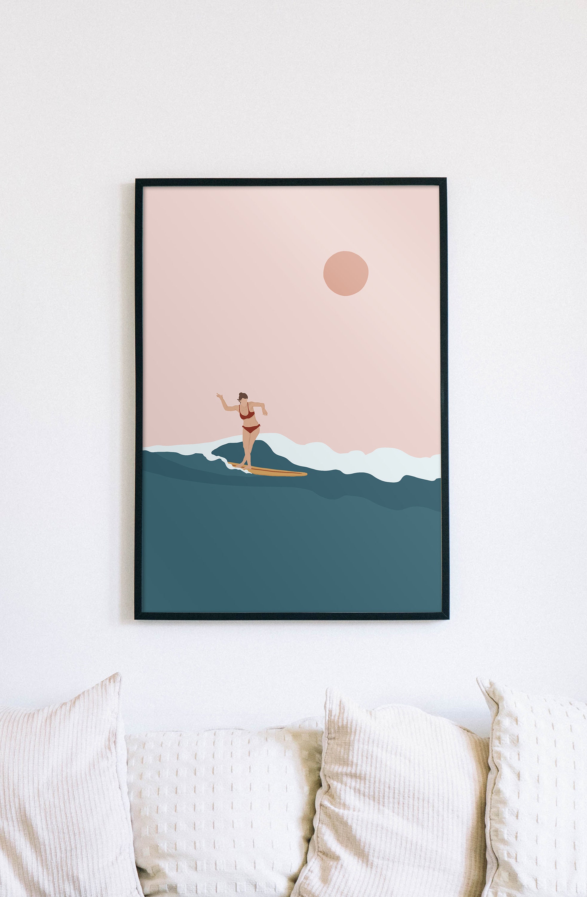 Surfer Surfing Girl Cornwall Longboard Waves Sunset Art - Etsy UK