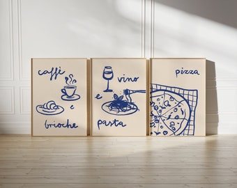 Italian Print Set, Kitchen Wall Art, Brush Strokes, Line Drawing, Minimal Art, Gallery Wall