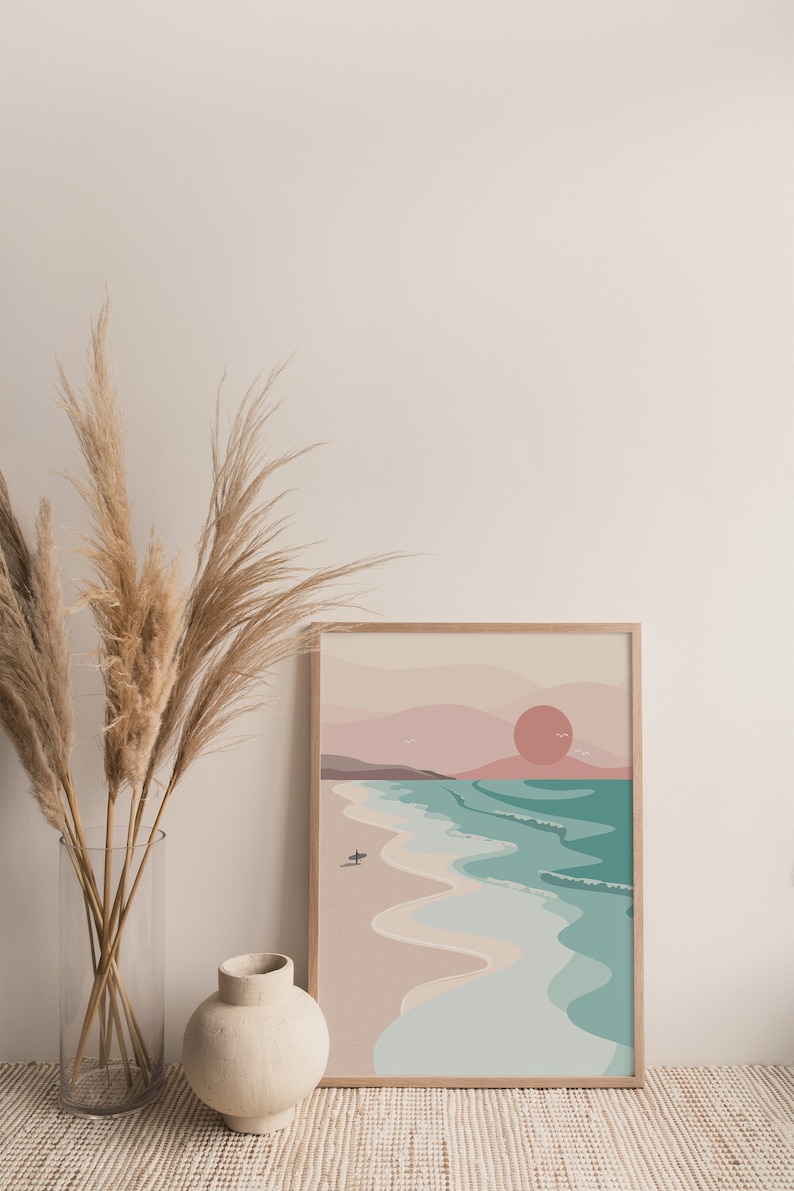 Surf Print, Surfer, Ocean, Wall Art, Boho Home Decor, Sunset, Pastel Colours, Sunshine, Surfing, Art Print, Christmas Gift, Cornwall, California