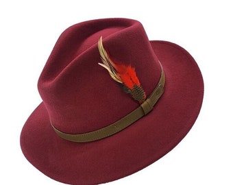 May include: A burgundy fedora hat with a brown leather band and a red and brown feather accent.