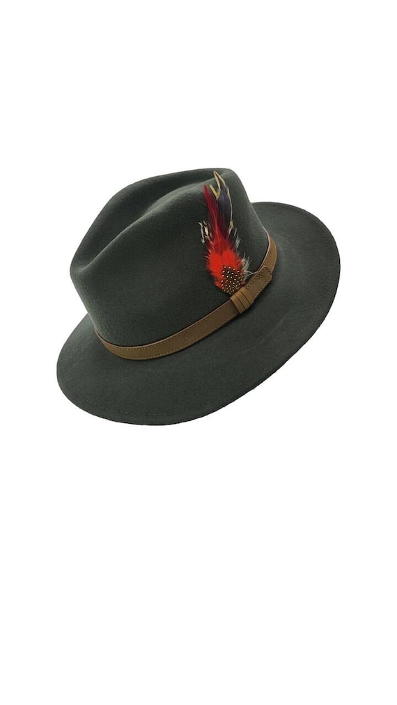 Olive Green Wool Fedora Hat With Leather Band & Feather - Etsy display picture 2