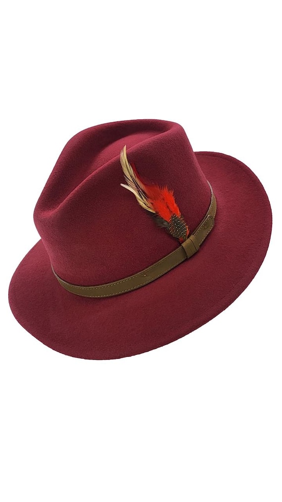 Burgundy Fedora Hat with Feather and Card Key Detail BURGUNDY DIAMOND CROWN WOOD BRIM FEDORA – The Dapper Renaissance main image 2