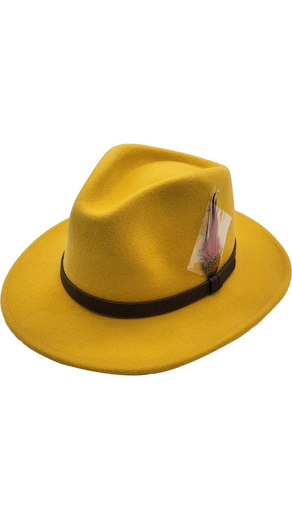 Mustard Yellow Wool Fedora Hat With Leather Band - Etsy Israel display picture 2