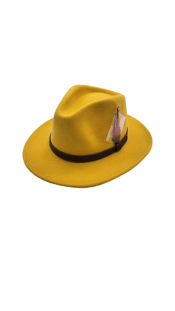 Cappello Fedora in lana giallo senape con cinturino in pelle