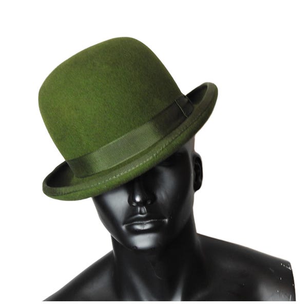 Olive Green Wool Bowler Hat: Vintage Style Derby