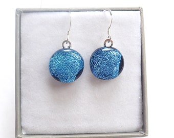 Round Sky Blue Drop Earrings-Blue Dichroic Glass Dangle Earrings-Unique Sparkle Earrings-Sterling Silver-Blue Earrings-Birthday Gift