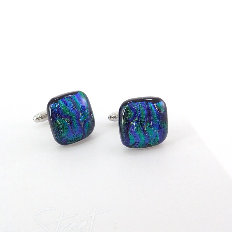 Green Wave Dichroic Glass Cufflinks-Square Original Fused Glass Cufflinks-Emerald Green Mens Cufflinks-Handcrafted Groomsman Gift