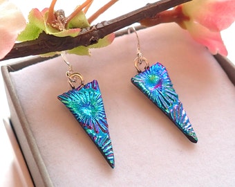 Colour Shifting Triangle Teal to Magenta Stunning Earrings-Florentine Design Dichroic Glass Droplet Earrings-Teal Fused Glass Earrings