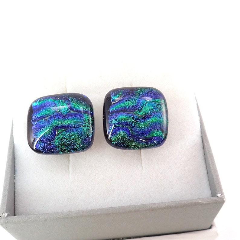 Green Wave Dichroic Glass Cufflinks-Square Original Fused Glass Cufflinks-Emerald Green Mens Cufflinks-Handcrafted Groomsman Gift