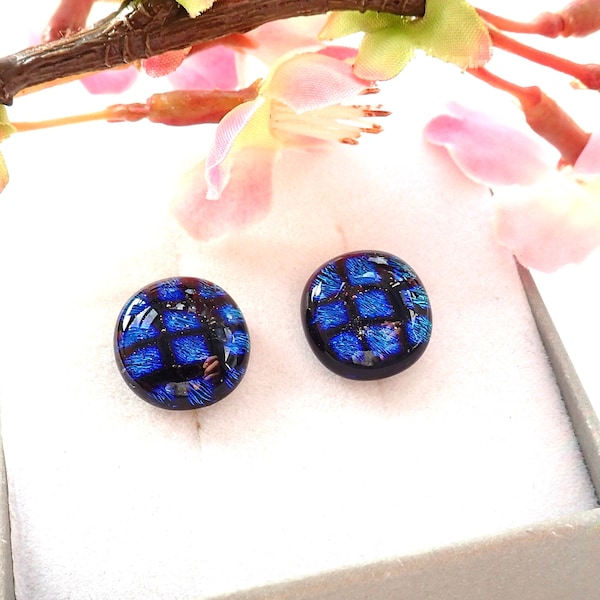 Cobalt Blue Dichroic Glass Earrings-Blue Handmade Gift-Fused Glass Round Stud Earrings-Retro Glass Earrings-Petite Abstract Ear Fittings