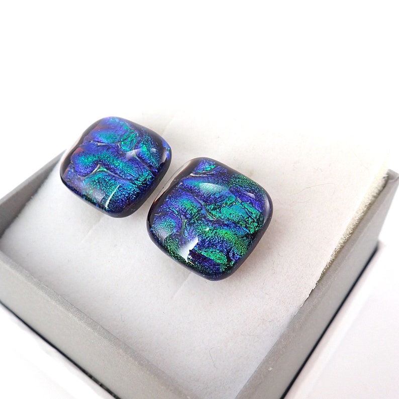 Green Wave Dichroic Glass Cufflinks-Square Original Fused Glass Cufflinks-Emerald Green Mens Cufflinks-Handcrafted Groomsman Gift