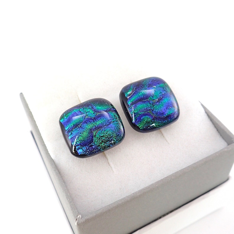 Green Wave Dichroic Glass Cufflinks-Square Original Fused Glass Cufflinks-Emerald Green Mens Cufflinks-Handcrafted Groomsman Gift