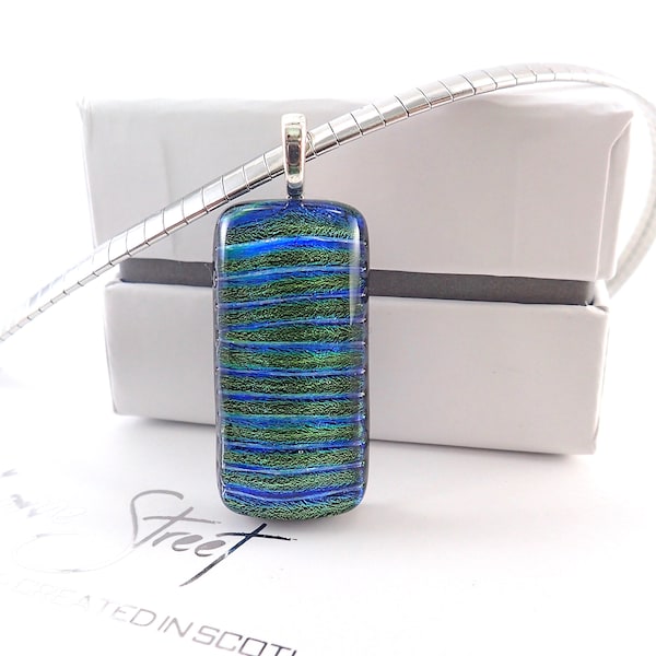 Emerald Green Dichroic Necklace-Spring Green Fused Glass Jewelry-Shimmering Striped Cobalt Necklace-Handmade Glass Pendant-Birthday Gift