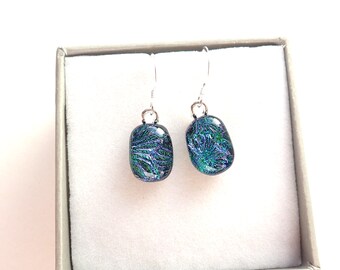 Emerald Green Dichroic Drop Earrings-Florentine Dichroic Glass Droplet Earrings-Jade Green Fused Glass Jewellery-Green Glass Earrings