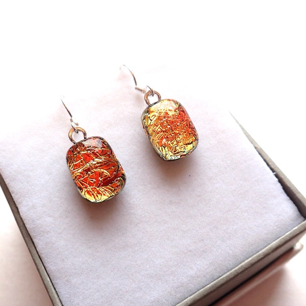 Vibrant Red-Orange Crackle Dichroic Glass Earrings-Fused Glass Drop Earrings-Orange Droplet Earrings-Glass Jewelry-925 Sterling Silver