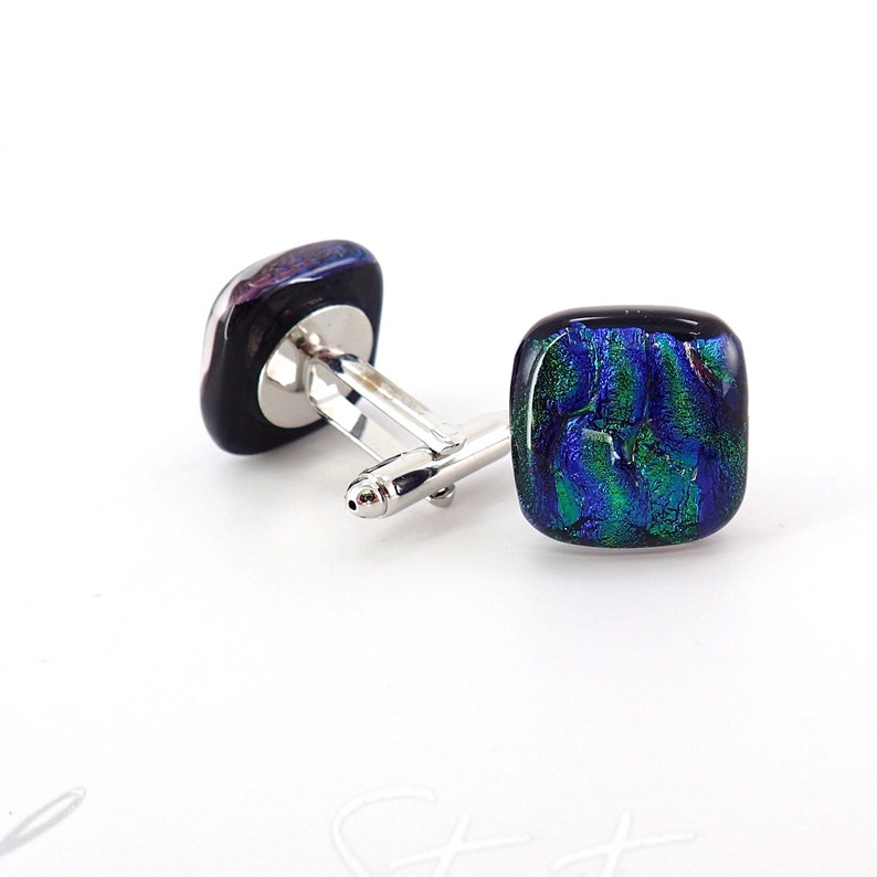 Green Wave Dichroic Glass Cufflinks-Square Original Fused Glass Cufflinks-Emerald Green Mens Cufflinks-Handcrafted Groomsman Gift