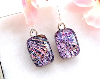 Petite Magenta Purple Dichroic Glass Drop Earrings-Small Purple Droplet Earrings-Magenta Purple Fused Glass Jewelry-Her Birthday Gift Idea