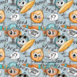 Könnte beinhalten: Ein sich wiederholendes Muster mit Cartoon-Charakteren mit Surfbrettern, Sonnenbrillen und Sprechblasen. Die Charaktere sind in verschiedenen Farben gehalten, mit Text wie "Summer Vibes", "Good Vibes" und "Vitamin Sea".