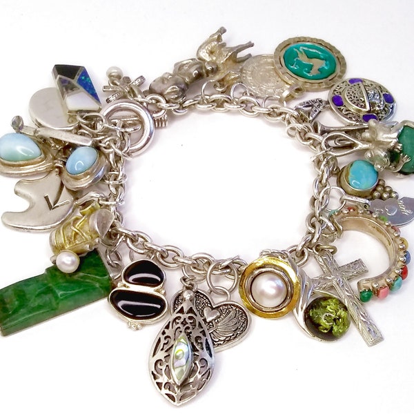Heavy Vintage Estate Sterling Toggle Link Charm Bracelet w 24 Sterling Charms (7", Eclectic, International, Multi-Theme, Multicultural)