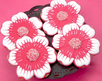 12 Magenta Pink Flower Iced Sugar Cookies Perfect for: Birthday, Spring Party, Baby Shower, Bridal Shower, KOSHER PARVE, dairy-free