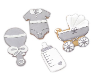 Galletas neutras para baby shower, cochecitos grises, mamelucos, biberones, sonajeros, juego de 12 (Kosher Parve)