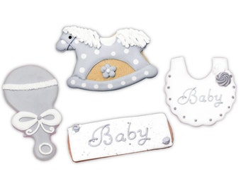 Galletas neutras para baby shower, caballito mecedor gris, babero, sonajero, juego de 12 (Kosher Parve)