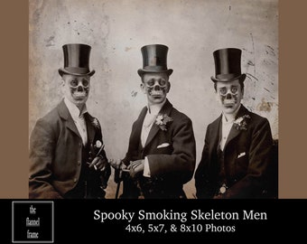 Vintage Halloween-foto - spookachtige Victoriaanse mannen skeletportret - afdrukbare foto downloaden - eng, macaber, griezelig fotodecoratie