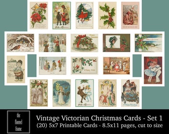 Vintage kerstkaarten set 1 - Instant retro digitale downloadbundel - klassieke afdrukbare 5 x 7 A7-vouwkaart - antieke Victoriaanse ephemera