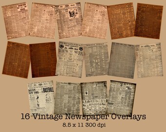 Vintage digitale krantenpagina's - 16 digitale papiersets - Instant JPEG-download - voor scrapbooking, foto-overlays, ambachtelijke projecten, overlays