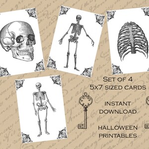 Vintage Skeleton Skull Bones Halloween Printables 4 5x7 Sized Card Set ...