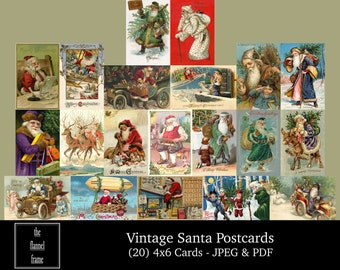 May include: A selection of twenty vintage Santa Claus postcards, each depicting a different illustration of Father Christmas in various scenes. The postcards are 10.16 x 15.24 cm in size and are available in JPEG and PDF formats. The image has a beige background.