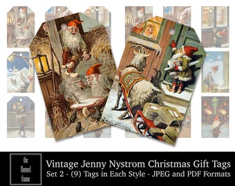 Christmas Printable Gift Hang Tags - Vintage Jenny Nystrom Illustrations - Swedish- Treat Labels, Nordic Paper Crafts, Collage Sheet