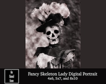 Portret spookachtig Halloween-skelet - vintage Victoriaanse foto downloaden - afdrukbare afbeelding - enge, macabere, griezelige decoratie