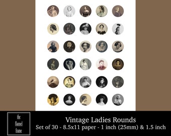 Vintage Ladies Printable Collage Sheet - Jewelry Rounds - 1 inch - 25mm - 1.5 inch - Pendants, Stickers, Magnets, Gift Tags, Buttons, Crafts