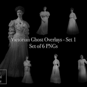 May include: A monochrome digital artwork showcasing six Victorian women in flowing gowns, designed as ghost overlays. The text reads "Victorian Ghost Overlays - Set 1" and "Set of 6 PNGs". The Flannel Frame logo is visible in the lower left.