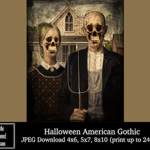American Gothic Skull Portrait -  Halloween Photograph Download - Printable Photo Decoration - Scary, Macabre, Creepy Picture