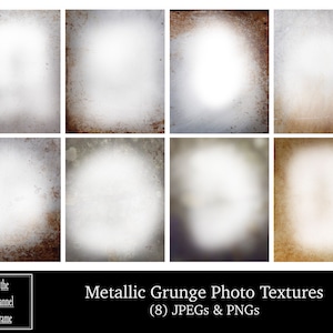 Puede incluir: Ocho texturas fotográficas metálicas grunge con un aspecto envejecido y desgastado. Las texturas presentan un área central brillante rodeada por un borde más oscuro y texturizado. La imagen incluye el texto "Metallic Grunge Photo Textures (8) JPEGs & PNGs".