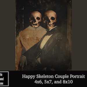 Vintage Halloween Portrait - Spooky Victorian Skeleton Couple Photograph - Printable Photo Download - Scary, Creepy Picture Decoration