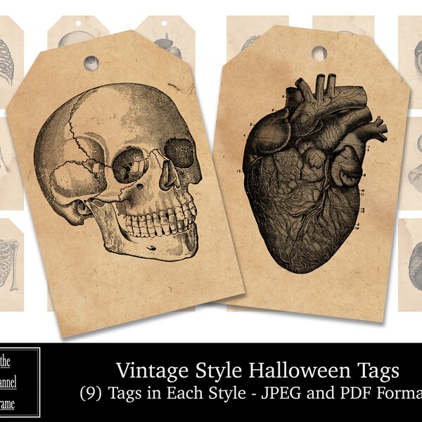 Halloween Printable Hang Tags - Vintage Anatomy - Kraft Style - Goody Bags, Treat Tags, Paper Crafts, Collage Sheet