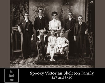 Vintage Halloween Portrait Photo - Spooky Victorian Family - Skeleton Photograph - Picture Download - scary creepy printable decoration