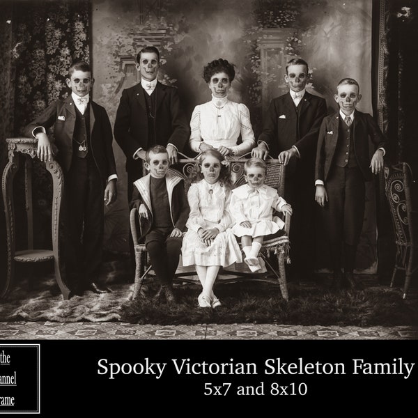 Vintage Halloween Portrait Photo - Spooky Victorian Family - Skeleton Photograph - Picture Download - scary creepy printable decoration