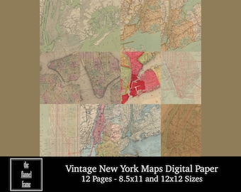 Vintage kaarten digitale download - afdrukbare papieren set - New York en omgeving - verschillende kleuren - scrapbooking, foto-overlays, ambachtelijke projecten