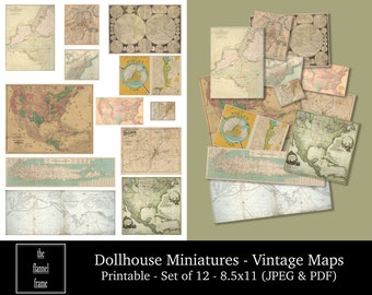 Dollhouse Miniature Vintage Maps - 12 Antique Photos - Instant Printable Pictures - Digital Download -  Two Sizes - Accessories