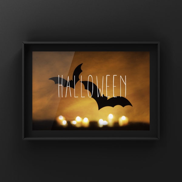 Halloween Photograph - Black and Orange Bat and Candlelight Sign - Photo Download - Printable Picture - Spooky, Creepy, Scary Decoration