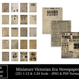 Dollhouse Miniature Vintage Newspapers - 25 Antique Victorian Era Papers - Instant Printable - Digital Download -  Various Scales