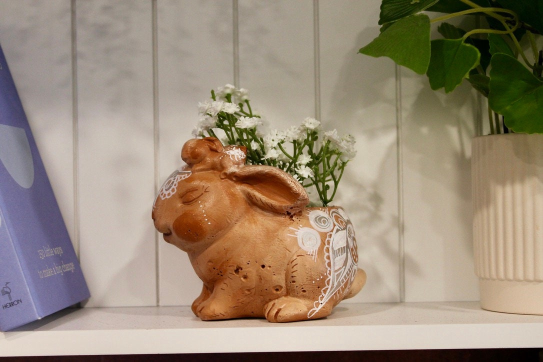 Brown Rabbit Planter With Lace Patterns and Artificial Flowers - Etsy