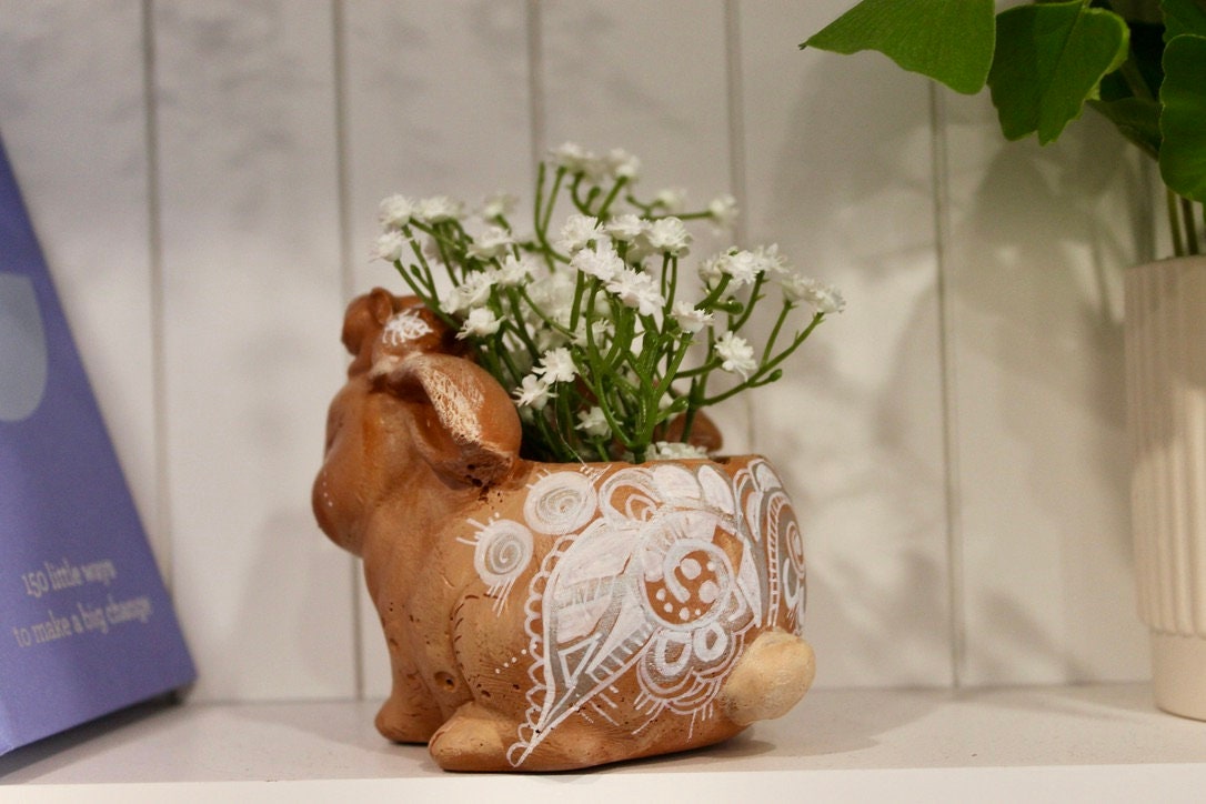 Brown Rabbit Planter With Lace Patterns and Artificial Flowers - Etsy