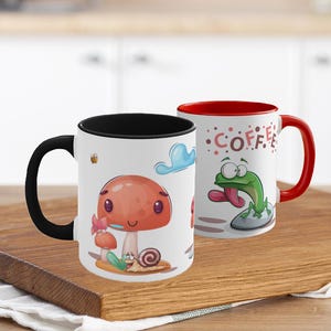 Mignonne grenouille, champignon, escargot, tasse à café en céramique amusante, tasse Cottagecore, tasse à café colorée 11 oz